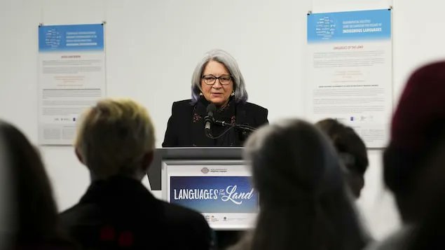 Her Excellency Mary Simon, the Governor General of Canada, delivers a speech about the importance of Indigenous languages and reconciliation at the Canadian launch on April 22, 2022, of the UN International Decade of Indigenous Languages. 